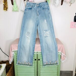 Skinny Fries Womens High Rise Embroidered Hem Distressed Wide Leg Jeans Blue 5